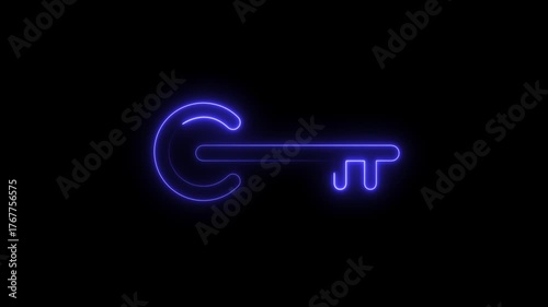 Glowing neon key icon animation,Glowing neon key icon 4k isolated on black background, turquoise color key icon glowing neon key animation 4k video motion footage,