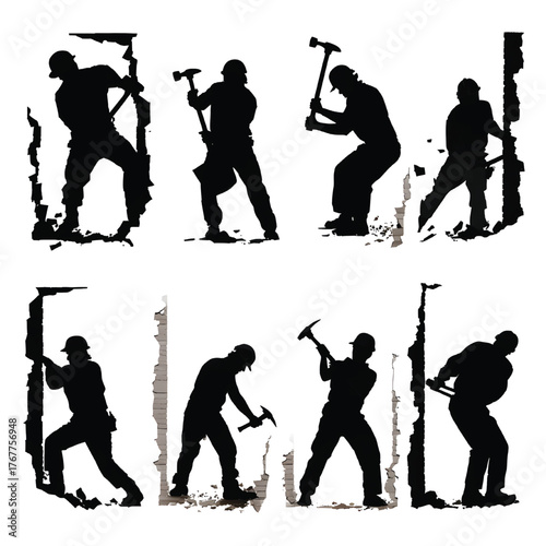 Silhouettes of construction workers demolishing walls with hammers and pickaxes