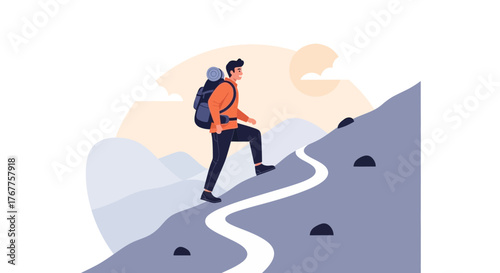 Adventurous Hiker Ascending Mountain Path Under Clear Skies Reaching For The Summit