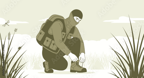 Adventurous Explorer Kneeling And Tying Boots In The Wilderness Ready To Explore