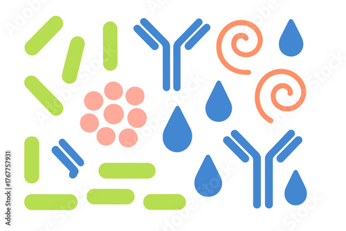 Abstract pattern of biological elements, antibodies, bacteria, cells, and droplets