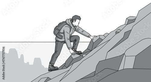 Adventurous Hiker Ascending Rocky Terrain Depicting Challenge and Determination