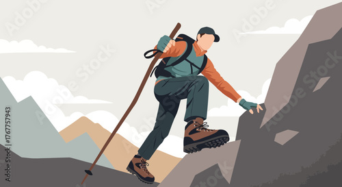 Adventurous Hiker Ascending Rocky Terrain Depicts Exploration And Overcoming Obstacles