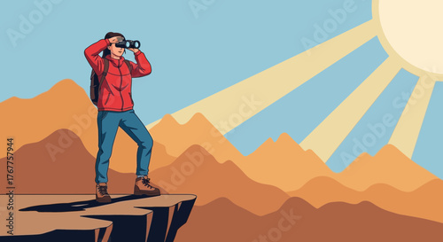 Adventurous Explorer Observing Landscape with Binoculars Under Sunny Rays and Mountain Range
