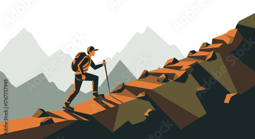 Adventurous Hiker Ascending Rocky Terrain During A Challenging Mountain Climb