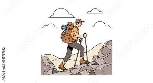 Adventurous Hiker Ascending Rocky Terrain towards Cloudy Skies Achieving Goals