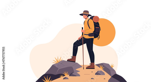 Adventurous Hiker Ascending Rocky Terrain In Minimalist Flat Illustration Style