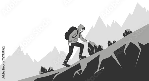 Adventurous Hiker Ascending Rocky Terrain towards Mountains Overlooking The Valley.