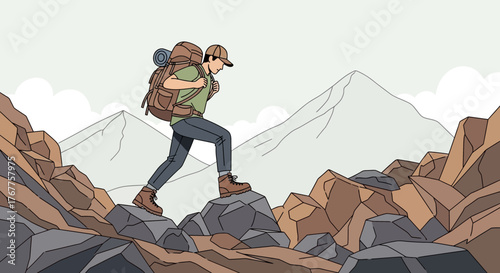 Adventurous Hiker Ascending Rocky Terrain Towards Mountain Peaks in Vibrant Illustration