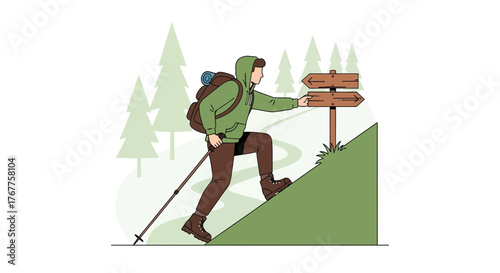 Adventurous Hiker Choosing Route Direction, Illustrated Decision Making Concept