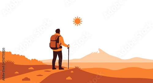 Adventurous Hiker Embracing Majestic Mountains And Sunny Scenery On His Journey