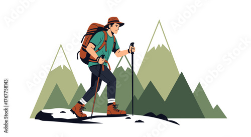 Adventurous Hiker Explores Mountain Terrain With Trekking Poles and Backpack