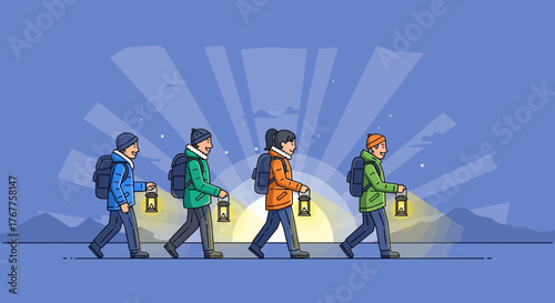 Adventurous Group Hiking at Dusk with Lanterns Towards the Sunrise Silhouette