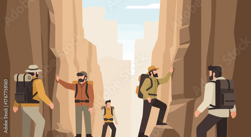Adventurous Group Hiking Through a Serene Canyon Exploration Vector Illustration