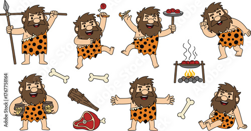 Cartoon caveman character, prehistoric lifestyle, cooking meat, hunting tools, funny poses, tribal outfit, ancient food, stone age concept, vector illustration, primitive man
