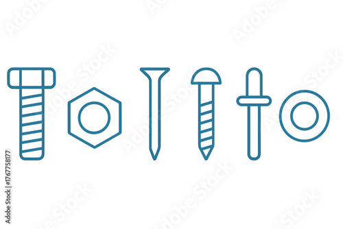 Assortment of common metal fasteners and hardware elements like bolts, nuts, and screws