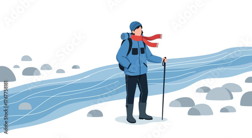 Adventurous Hiker Explores Snowy Terrain Beside a Serene, Flowing River