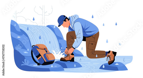 Adventurous Hiker Adjusting Boot Near Waterfall, Outdoors Activity in the Rain Illustration