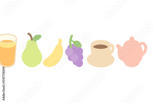 Assortment of fresh fruits, juice, and hot beverages including a teapot and coffee cup