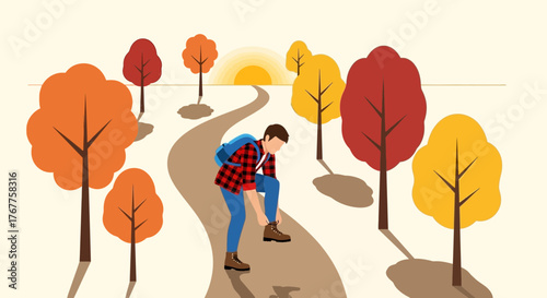 Adventurous Hiker Adjusting Boots With Autumn Trees In Colorful Landscape Illustration