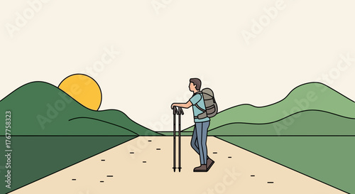 Adventurous Hiker on a Scenic Journey into Nature's Serene Landscape for Motivation