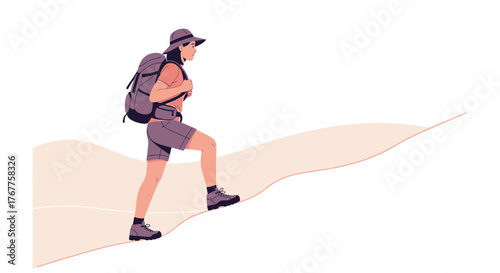 Adventurous Hiker Ascending a Gentle Slope, Achieving Personal Goals, Outdoors Expedition