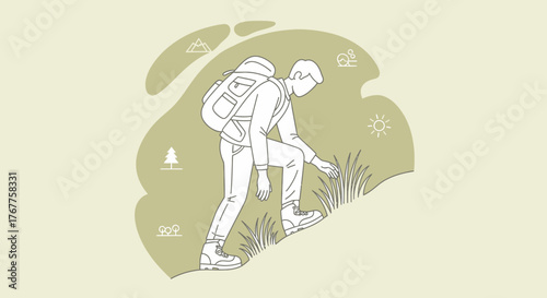 Adventurous Hiker Ascending a Grassy Hill with Backpack Representing Exploration