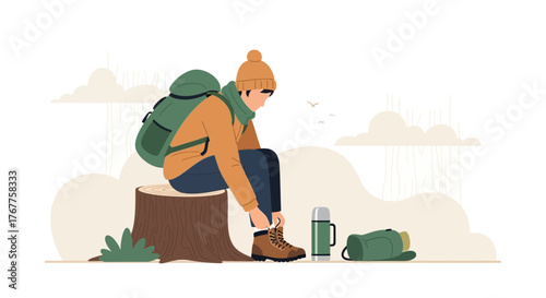 Adventurous Hiker Pauses To Prepare For The Next Leg Of His Journey In Nature
