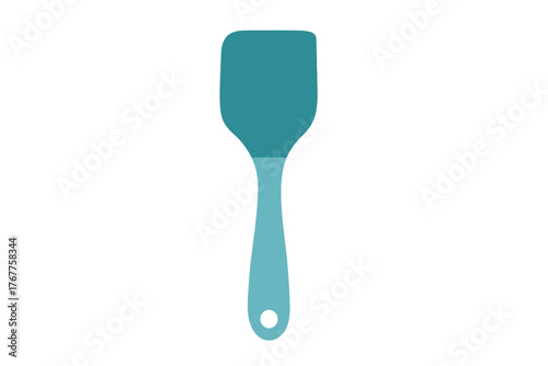 Kitchen spatula utensil with teal and light blue handle isolated on white background