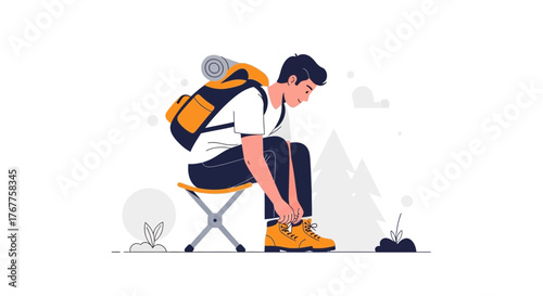 Adventurous Hiker Preparing For A Journey With A Backpack And Boots In Nature Isolated