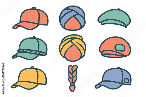 Set of diverse headwear including baseball caps, turbans, berets, and a hair braid element