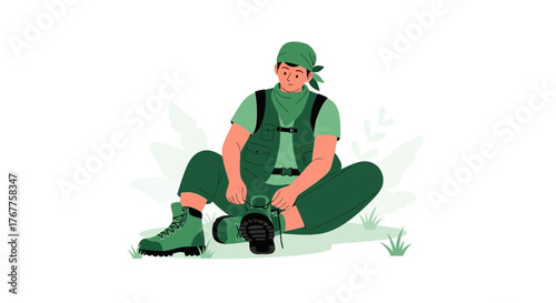 Adventurous Hiker Preparing For A Trail, Tying Boots And Ready For The Journey Ahead