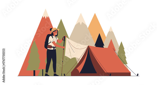 Adventurous Hiker Preparing Camping Site Among Scenic Mountain Scenery Illustration