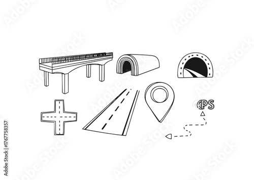 Handdrawn Outline Transportation Route Landmarks and GPS Navigation Elements Icon