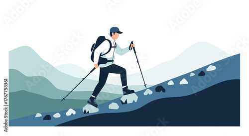 Adventurous Hiker Ascending a Rocky Terrain Towards Mountain Summits Discovery