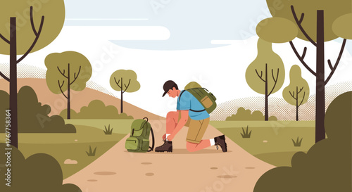 Adventurous Hiker Preparing For A Journey On A Forest Trail Environment Adventure