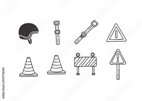 Lineart Handdrawn Construction Site And Traffic Safety Equipment Symbol Icon Set
