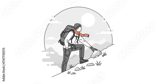 Adventurous Hiker Ascending a Rocky Terrain Towards the Sun Over Mountainous Scenery