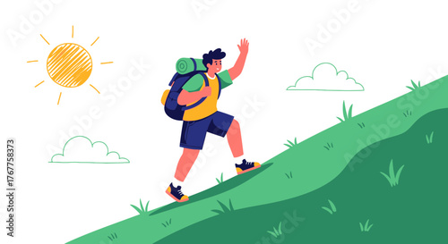Adventurous Hiker Ascending a Hill Under a Sunny Sky Reaching for New Heights