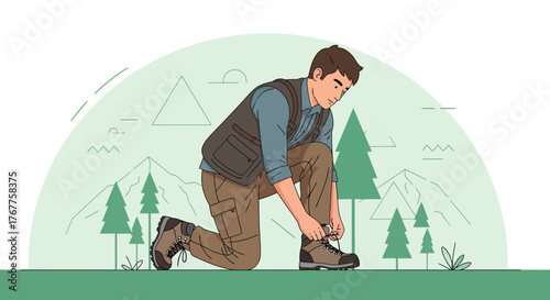 Adventurous Hiker Preparing For A Journey Tying Boots Amidst Scenic Nature