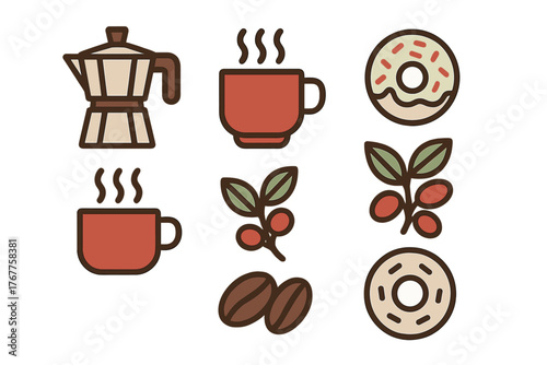 Collection of coffee shop icons showing brewing equipment, hot drinks, and sweet pastries