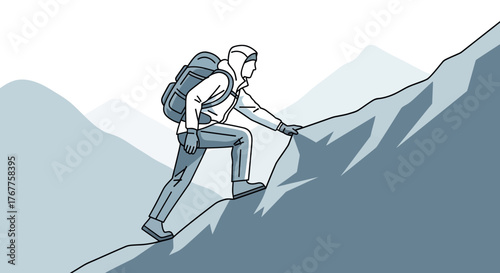 Adventurous Hiker Ascending a Steep Mountain, Facing Challenges and Reaching Heights