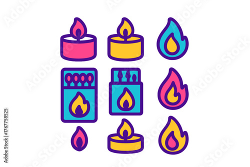 Collection of tealight candles, open matchboxes, and stylized fire elements
