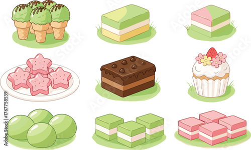 Cartoon desserts on grass, colorful sweets, layered cakes, mochi balls, ice cream cones, cupcake illustration, playful food art, bakery concept, vector design