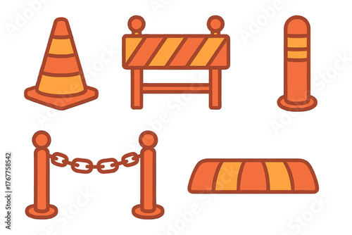 Orange and yellow safety equipment set featuring traffic cone, road barrier, bollard, and chain stanchions