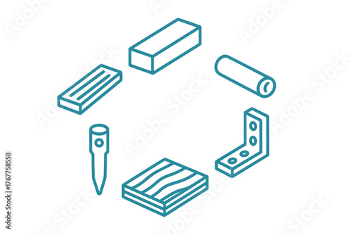 Isometric icons set of construction materials and woodworking components arranged in a circular pattern