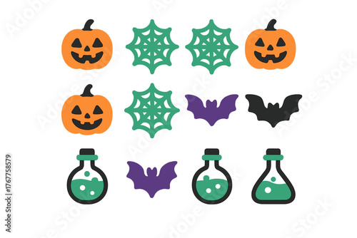 Festive Halloween icons featuring carved pumpkins, flying bats, spiderwebs, and bubbling flasks