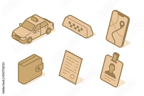 Isometric icons set for taxi service including vehicle, payment, navigation, and driver ID