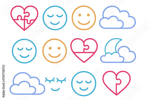 Simple colorful outline icons set featuring hearts, smiles, clouds, and night symbols