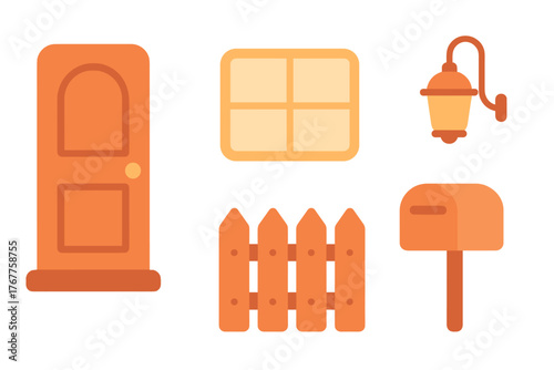 Set of essential residential building facade components including door, window, fence, lamp, and mailbox in flat design style